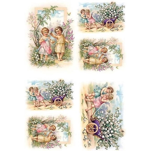 European Excellency, Vintage Valentine's Day Decoupage Paper for Furniture and Crafts, Vintage Rice Paper for Decoupage, Junk Journals and Scrapbooking, A4 (Cupids with Lily of The Valley - 2 Sheets)