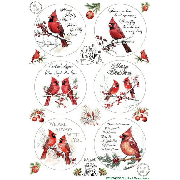 European Excellency, Wet On Christmas Decals for Crafts, Waterslide Decal Paper, Christmas Water Decal Transfers for Wood, Glass, Ceramics, & More, Holiday Decor (Cardinal Ornaments - 8.25"x11.75)