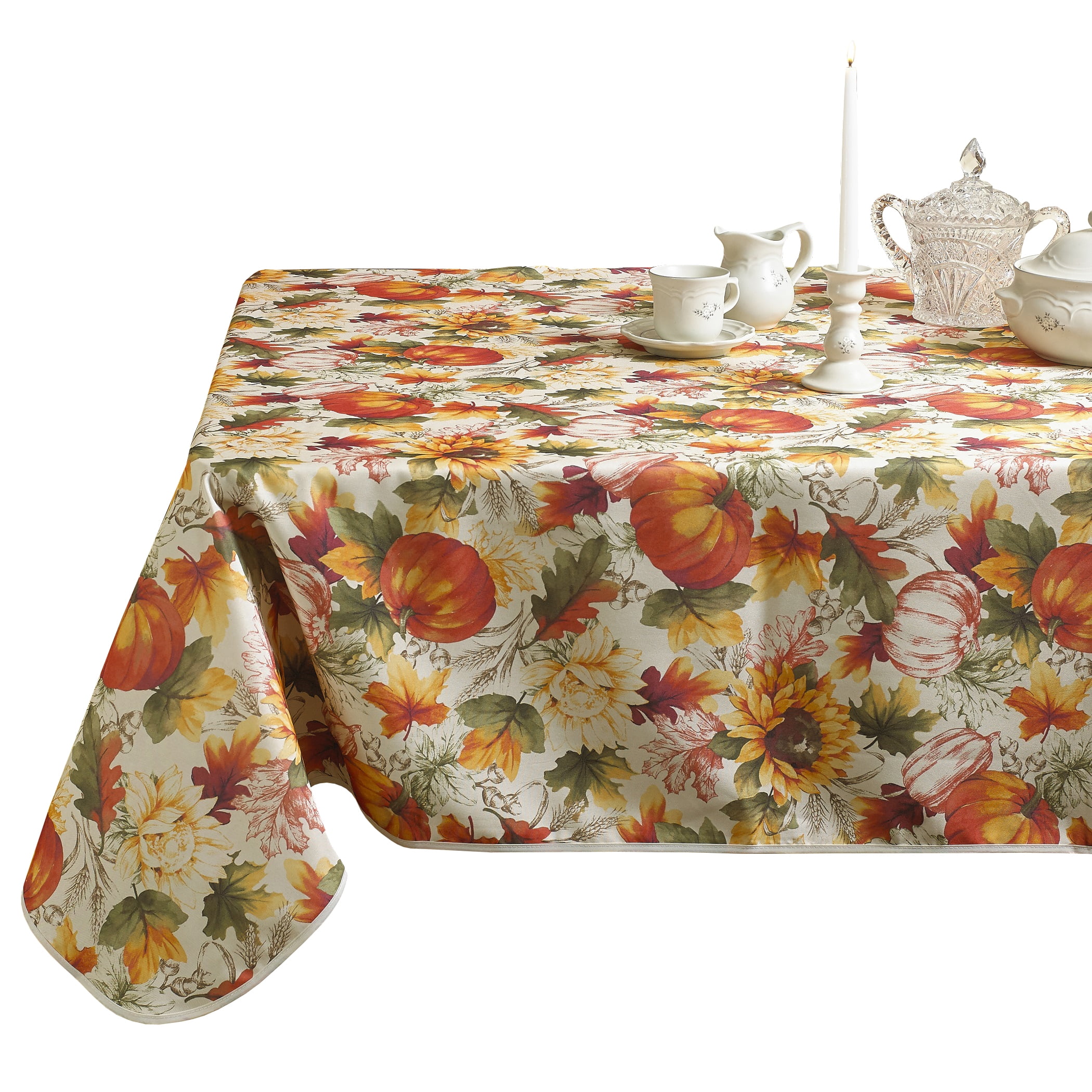 Autumn Harvest Pumpkins and Leaves Printed Fabric Tablecloth