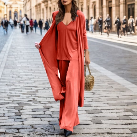 European And Fashion Loose Women's Three Piece Set: V Neck Suspender   Straight Tube Trousers   Long Cardigan Winter Jumpsuits for Women Dressy Workout Bottoms for Women Jumpsuits for Women Wide Leg