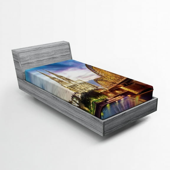 European Fitted Sheet, Dom in Cologne Old Bridge and Rhine Sunset European Traits and Culture, Soft Decorative Fabric Bedding, Twin Size, Multicolor, by Ambesonne