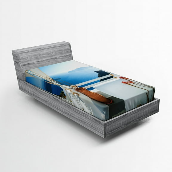 Ambesonne Greek Fitted Sheet, Sunset Santorini Island, Twin Size, Turquoise and Blue