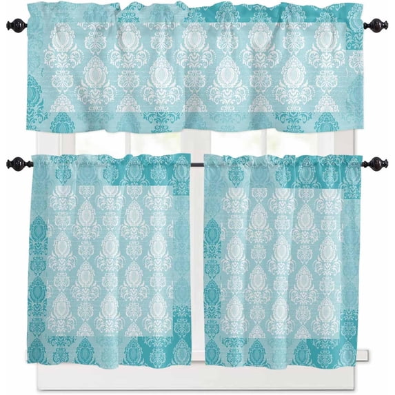 European Floral Kitchen Curtains and Valances Set, Rod Pocket Curtains Tier Farmhouse Window Curtains 24 Inch Length, Boho Blue Formal Traditional Tribal 3 Piece Kitchen Curtains Set