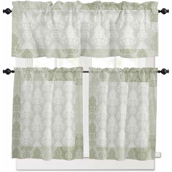European Floral Kitchen Curtains and Valances Set, Rod Pocket Curtains Tier Farmhouse Window Curtains 24 Inch Length, Boho Sage Green Formal Traditional Tribal 3 Piece Kitchen Curtains Set