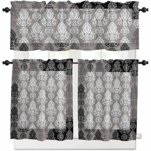 European Floral Kitchen Curtains and Valances Set, Rod Pocket Curtains Tier Farmhouse Window Curtains 36 Inch Length, Rustic Black Grey Formal Traditional Tribal 3 Piece Kitchen Curtains Set