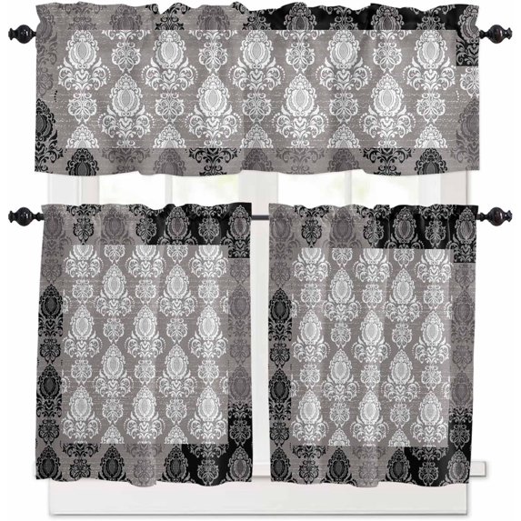 European Floral Kitchen Curtains and Valances Set, Rod Pocket Curtains Tier Farmhouse Window Curtains 36 Inch Length, Rustic Black Grey Formal Traditional Tribal 3 Piece Kitchen Curtains Set
