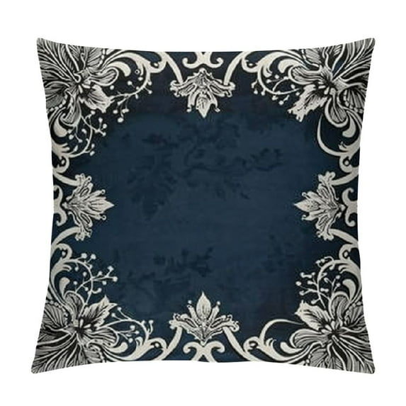 European Floral Pillow Cover Luxury Velvet Embroidered Decorative Throw Pillow Cover for Couch Bedroom Living Room, Navy Blue and White
