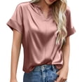 thumbnail image 1 of European Foreign Trade Womens 2023 Spring Summer Satin V Neck Short Sleeve Tee Blouse Plus Size Tops, 1 of 2