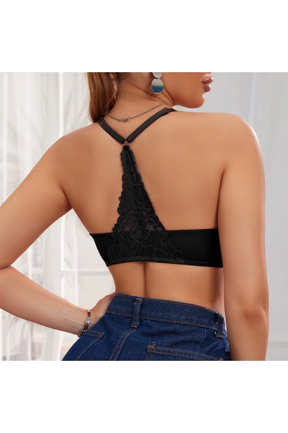 European Gathering Front Buttoned Beauty Back Bra Lace Steel Rings Adjustable Lightly Padded Push Up T Shirts, 38, Black