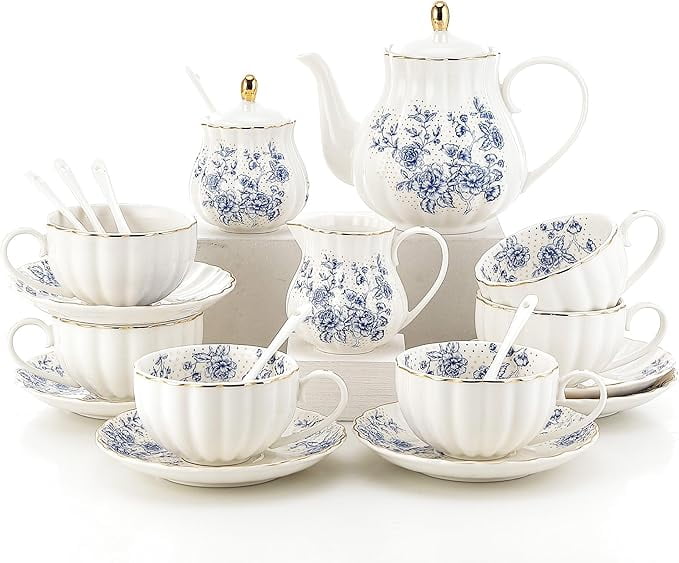 European Gold Trimmed Porcelain Tea Set 22 Pieces Elegant Afternoon Tea ...
