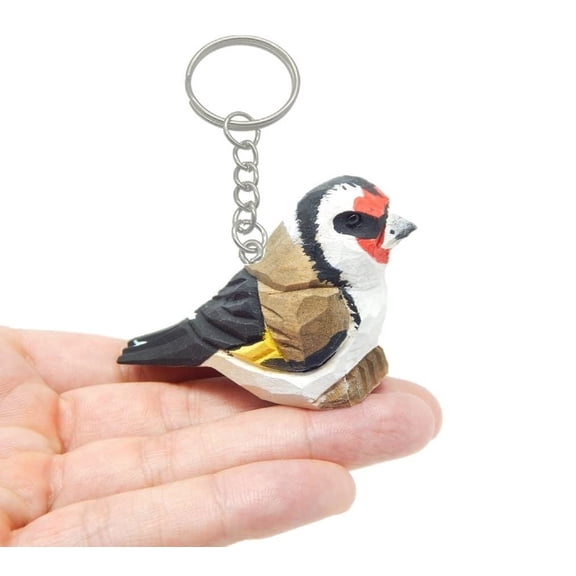 European Goldfinch Keychain Ring Clip Charm Finch Bird Miniature Wood Brown Songbird Mini Figurine Small Animal