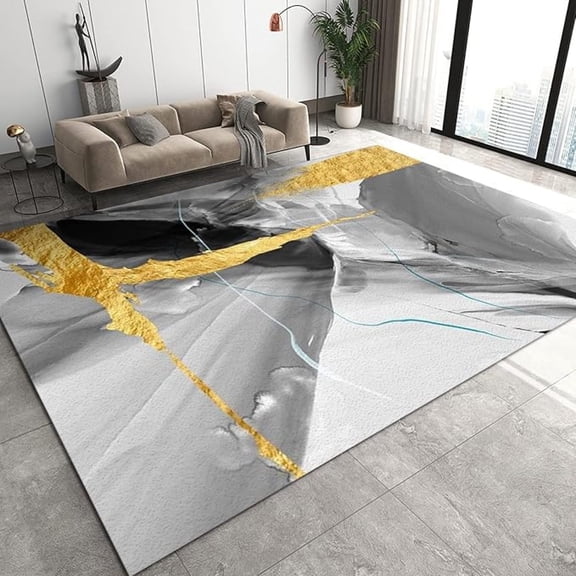 European Gray Marble Bedroom Rug, Golden Embossed Curved Graffiti Lines Living Room Carpet, Washable Rug Durable Enough Fuzzy Plush Soft Apply To Family And Pet Home Decor 1x2ft