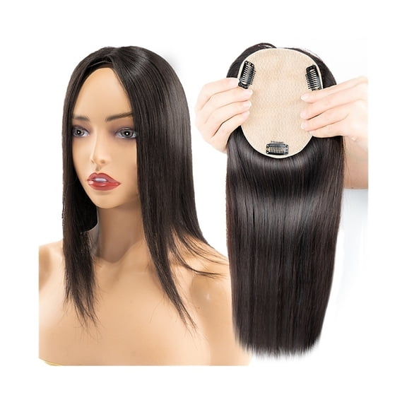 European Hair Topper 5"x5.5" Breathable Full Silk Base Hairpiece 8-16 Inch Straight Human Hair 3 Clips In Hair Topper for Women with Thinning Hair/Hair Loss