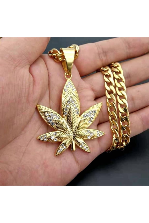 European Hemp Leaf Pendant Necklaces For Men 14K Yellow Gold Rhinestones Necklaces Hippie Jewelry