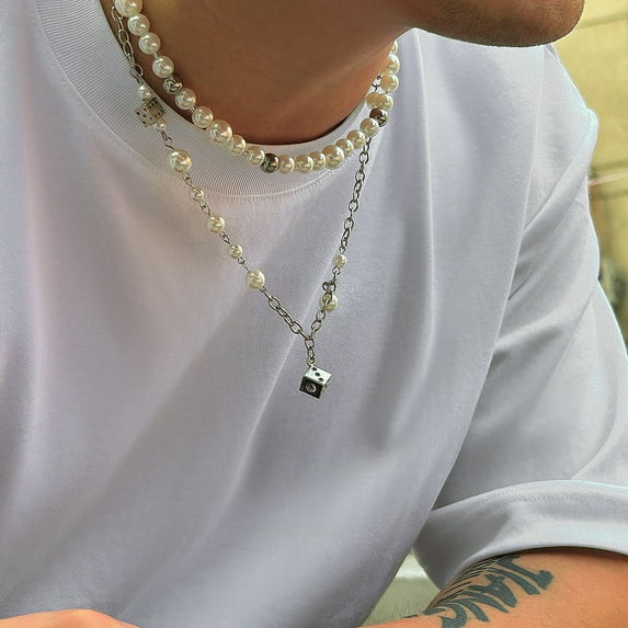 European Hip Hop Pearl Necklace Men's Minority Simple Dice Pendant Stitching Clavicle Chain Men's Necklace