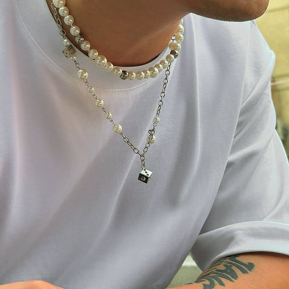 European Hip Hop Pearl Necklace Men's Minority Simple Dice Pendant Stitching Clavicle Chain Men's Necklace