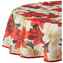 European Holiday Christmas Poinsettia Floral Design Printed Tablecloth - Beige - 60" Round