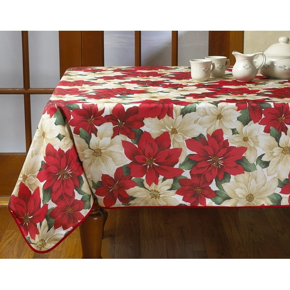 European Holiday Christmas Poinsettia Floral Design Printed Tablecloth - Beige - 60" by 102" Oblong / Rectangle