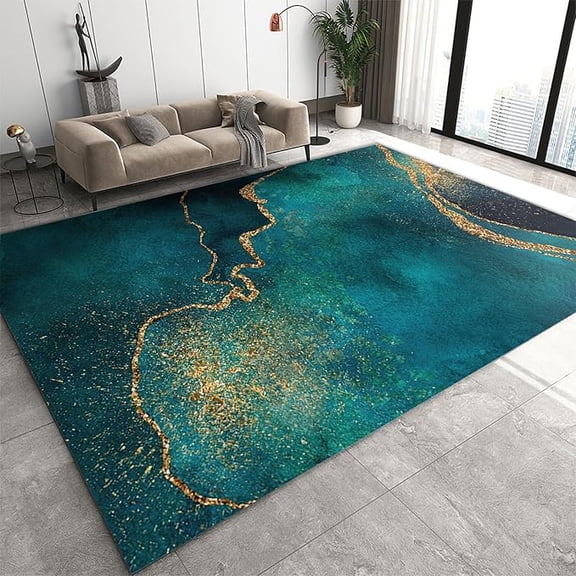European Indoor Throw Rug, Luxury Cyan And Gold Marble Area Rugs, Anti-slip Washable Breathable Floor Carpet For Living Room Bedroom Entryway Hallway Office Kitchen Studio 4 x 5ft