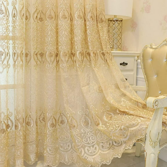 European Jacquard Sheer Curtains, Embroidered Tulle, Luxury Translucent Window Screening, Gold Color, 51x108 Inches, 1 Pair