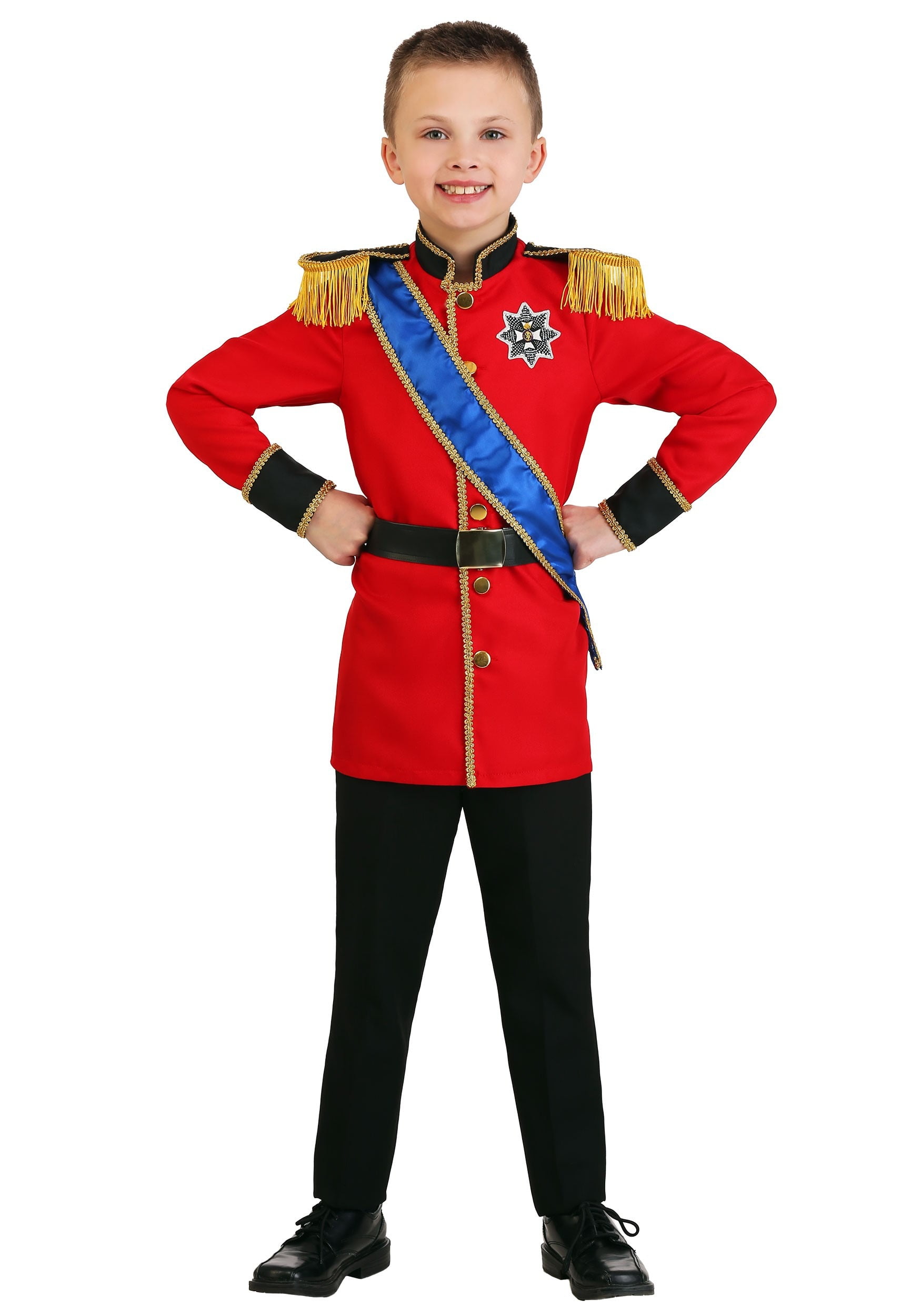 European King Costume For Boys - Royal Red Jacket With Gold Trim, Sash & Belt - Kids Medieval Dress Up Outfit