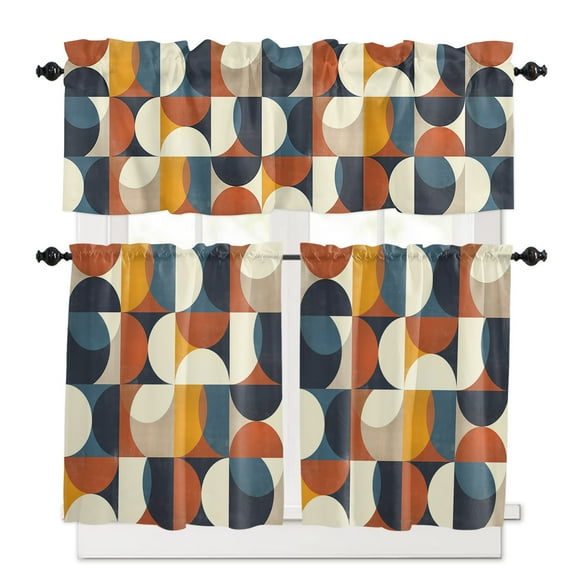 European, Kitchen Curtains and Valances Set, 3 Piece Kitchen Curtains Set 24 Inch Length, Abstract Rustic Multi Middle Century Patchwork Rod Pocket Curtains Tier Farmhouse Window Curtains