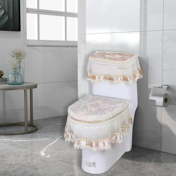 European Lace Toilet Cover Set with Zipper | 3-Piece Bathroom Decorative Tank & Lid Cover | Elegant Design for Home Decor | Red Gray Beige Blue