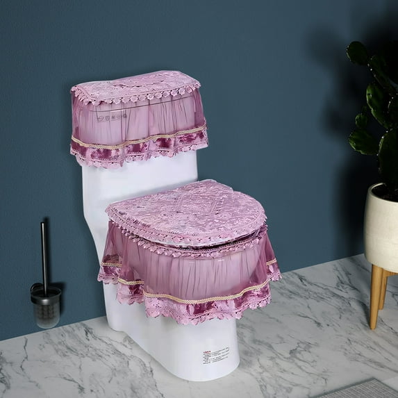 European Lace Toilet Cover Set with Zipper | 3-Piece Bathroom Decorative Tank & Lid Cover | Elegant Design for Home Decor | Red Gray Beige Blue