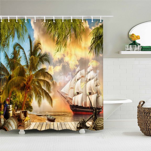 European Landscape Shower Curtain Polyester Fabric Blue Sea Beach Palm Trees Ocean Balcony