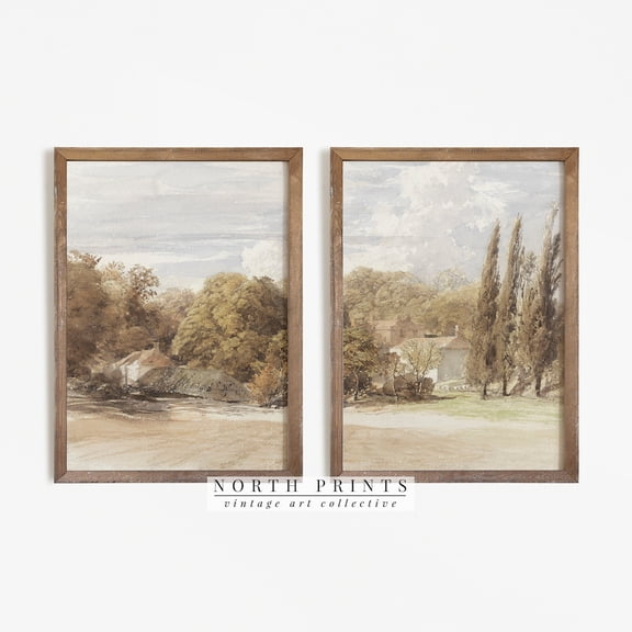 European Landscape Two Panel Split Muted Painting Wall Art Set Set 2 Stretched Canvas 12x18