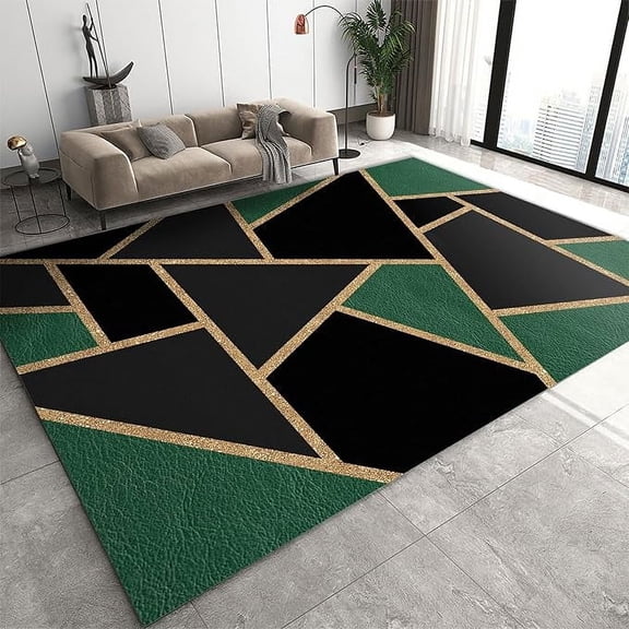 European Luxury Area Rug, Emerald Green Black Gold Geometry Rugs, Soft Non-Slip Easy Clean Washable Carpet For Living Room Bedroom Entryway Hallway Classroom Apartment 5' x 7'