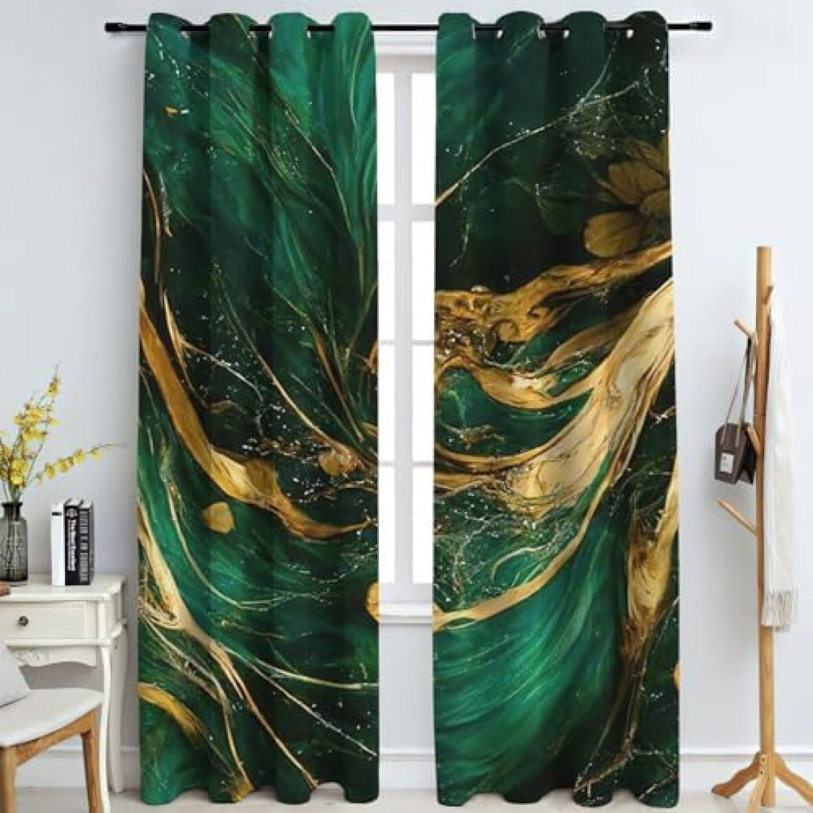European Luxury Blackout Window Curtain, Abstract Emerald Green Gold Marble Texture Blackout Curtains, Thermal Insulated Polyester Drapes For Bedroom Kitchen Bathroom Office 42"W x 84"L (Pack of 2)