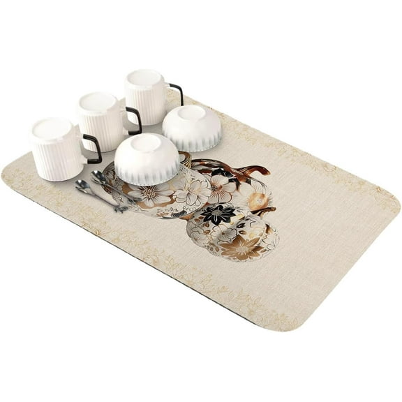 European Luxury Gold Dish Drying Mat for Kitchen Counter, Super Absorbent Quick Dry Coffee Bar Mat Pad Thin Diatomaceous Sink Mat Non Slip Dish Drainer Mat 23.5x15.5 Thanksgiving Fall Pumpkins Leaves