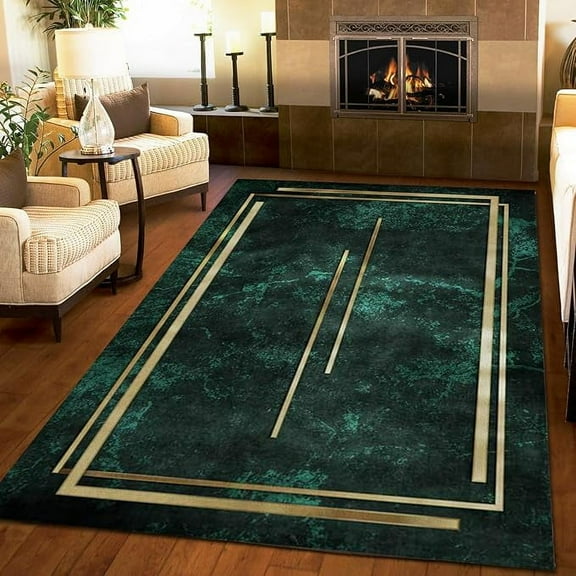 European Luxury Throw Rug, Golden Lines Green Area Rug, Non-Slip Rubber Backed Soft Foldable Washable Thin Mat For Living Room Bedroom Entryway Hallway Office Hotel 4 x 6ft
