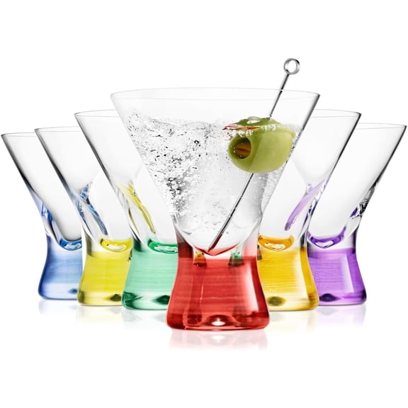 European Made Colored Martini Glasses Set of 6 Stemless Cocktail Glasses - 8 Oz, Dishwasher Safe, Crystal Glass Cups for Partys