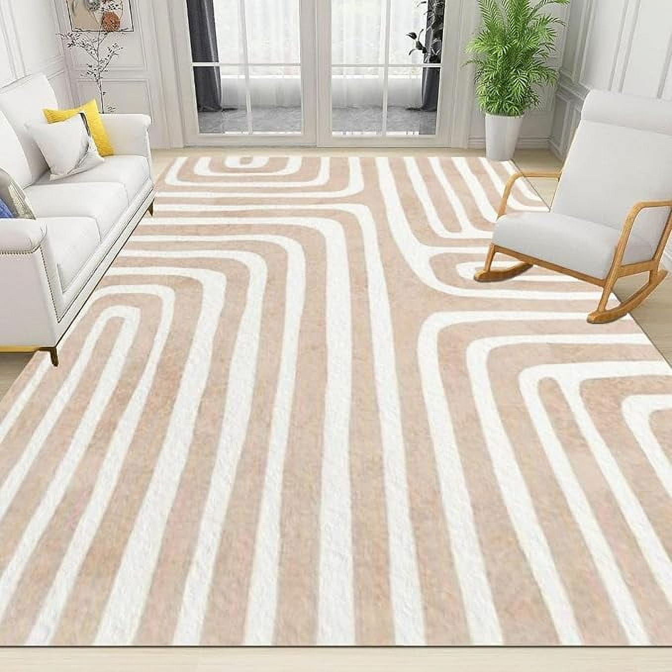 European Medieval Lines Area Rug, Beige Bohemian Geometric Stripes