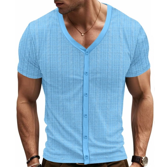 European Men Casual V Neck Short Sleeve Knitted Cardigan Shirt Solid Color Comfortable Loose Fit Business Stylish Breathable Lightweight Men's Lightweight Crewneck Tee Tops