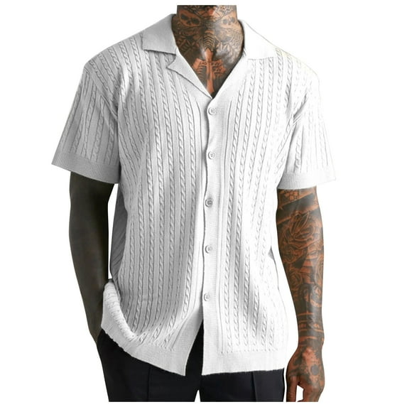European Men Knitted Jacquard Button Cardigan Casual Loose Fit Breathable Comfortable Business Sports Short Sleeve Shirt Trendy Solid Color Mens Work Shirts Summer Basic Tee Shirts