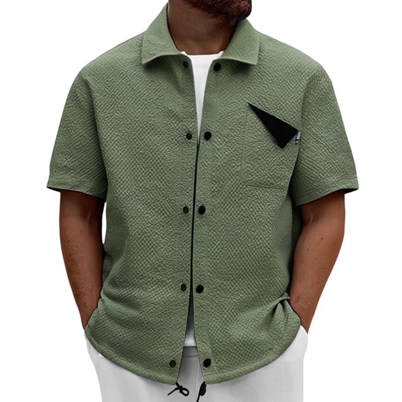 European Men Shirt Solid Color Casual Lapel Loose Comfortable Short Sleeve Pocket Stylish Foreign Trade Top Mens Casual Crew Neck Basic Tees