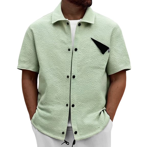 European Men Shirt Solid Color Casual Lapel Loose Comfortable Short Sleeve Pocket Stylish Foreign Trade Top Mens Casual Crew Neck Basic Tees