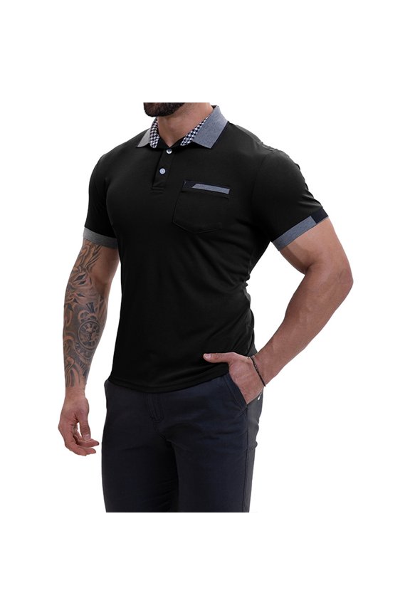 European Men's Patchwork Button Collar Short-Sleeved Shirt, Casual Loose Fit, for Business & Sports, Polyester, with Stylish Design, Multiple Sizes