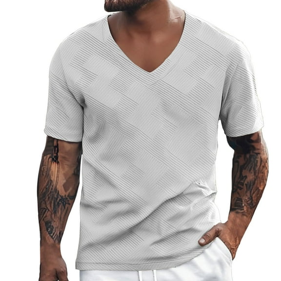 European Men's Solid Color Jacquard V Neck Short Sleeve T Shirt, Comfortable for All Occasions