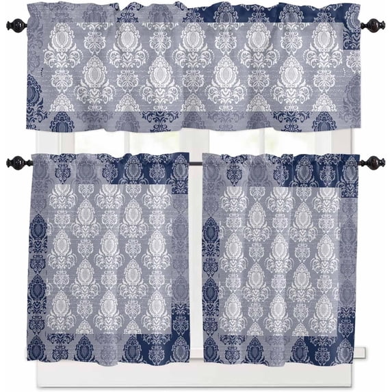 European Navy Blue Kitchen Curtains and Valances Set, Rod Pocket Curtains Tier Farmhouse Window Curtains 24 Inch Length, Boho Floral Formal Traditional Tribal 3 Piece Kitchen Curtains Set