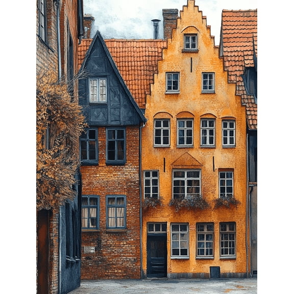 European Old Town Brick Building Wall Art Canvas Print Suitable for Living Room Dining Room Office and Hallway Decoration.