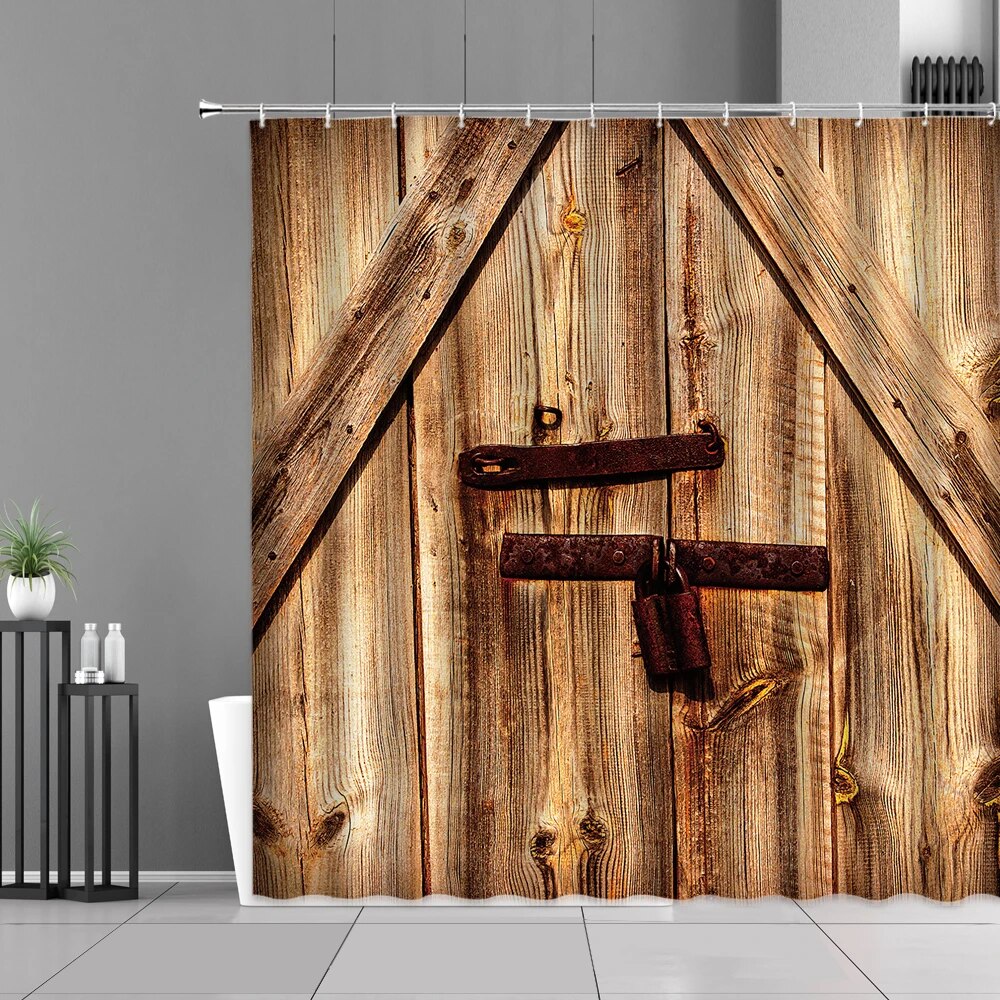 Burgundy Plaid Shower Curtain Hooks - Set Of 12 Rustproof Rings With Wood Grain Design