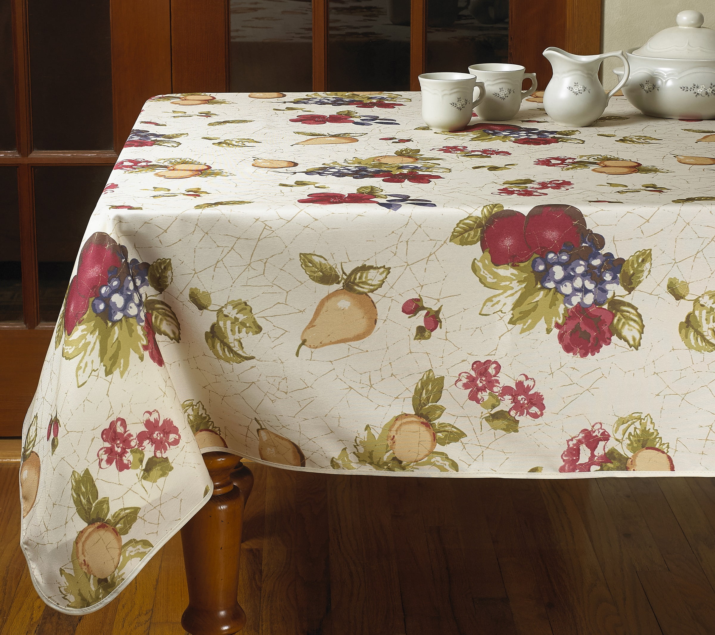 Vintage Beige Round Floral Fruit Print Fabric Tablecloth