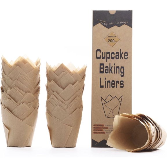 European Parchment Tulip Cupcake Liners, 200Pcs Unbleached Baking Cups, Muffin Wrappers for Party Holiday, Brown