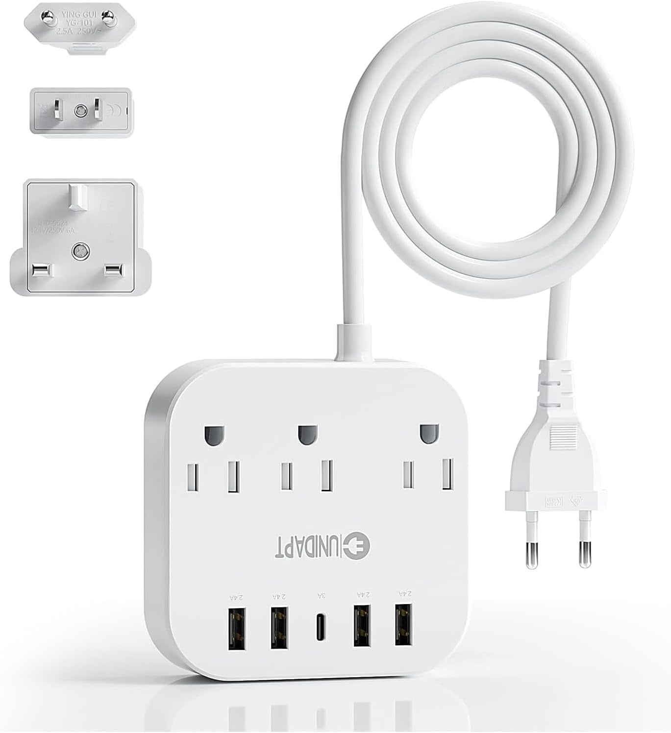 European Plug Adapter, US to UK Europe Power Strip for EU/UK/US with USB C and 4 USB Ports, 3 AC Outlets, Wall Mountable, 5ft Extension Cord, for Travel Cruise Ship Home