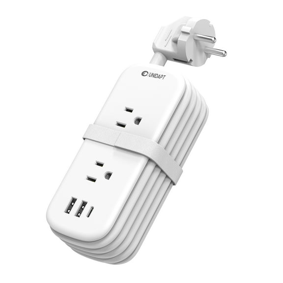 European Power Strip with USB Ports, Unidapt Extension Cord for EU, 4 ft Wrapped Around 3USB A 1Type C, No Surge Protector, Home Office Travel Cruise Must Have (Type E-F)
