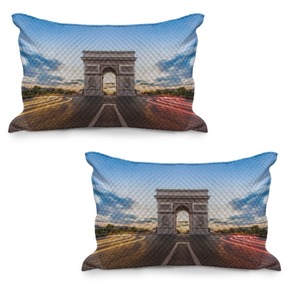 European Quilted Pillowcover Set of 2, Paris Famous Champs Elysees Avenue Historical Monument French Culture Panorama, Standard Queen Size Pillow Cover for Bedroom, 30" x 20", Multicolor, by Ambesonne
